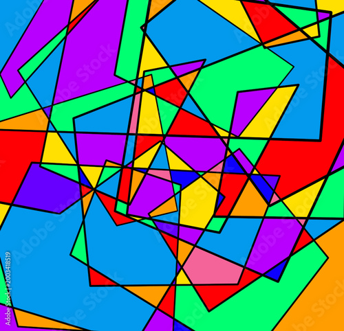 Vibrant abstract composition featuring overlapping geometric shapes with bold black outlines. A colorful mosaic of triangles and polygons in primary and secondary hues creates a dynamic pattern.