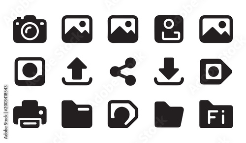Set of flat black camera icons representing photography tools upload download and settings.