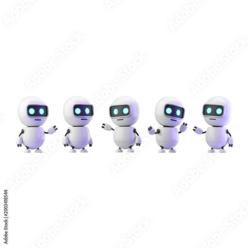 Cute 3D robot character vector set, artificial intelligence chatbot assistant mascots in various different poses