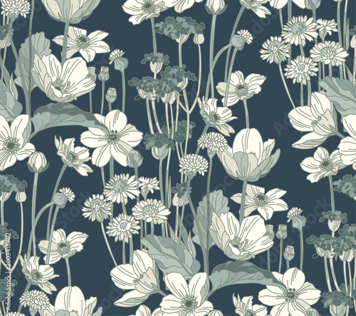 Flowers and leaves in vintage style, seamless pattern.