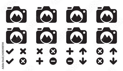 Digital camera and photo album editing icons with navigation symbols and management buttons.