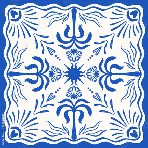 Hand drawn Mediterranean summer scarf print set. Decorative blue square ornament with abstract sun motifs, waves and palm tree. Vector illustration.