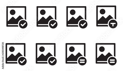 Landscape image file status icons with checkmarks and minus signs for digital gallery management.