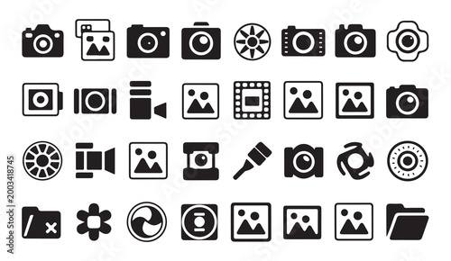 Comprehensive photography and camera settings icon set for mobile application user interface art.