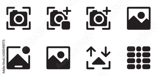 Camera settings and photo management interface glyph icon set for modern digital applications.