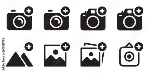 Camera and image gallery icons for mobile user interface design and photo album management.