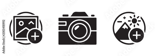Three icons show photos camera and mountain landscape with addition symbols.
