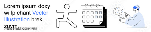 Education, training, scheduling, science, research, planning. Text, a person in motion a calendar and a scientist analyzing a brain. Training and scheduling concepts illustrated