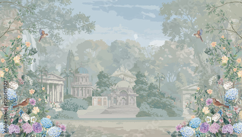 Canvas Print Elegant garden mural with classical architecture, lush hydrangeas, birds, serene