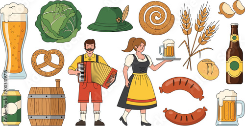 German Oktoberfest Set with Beer, Pretzels, Sausages, Accordion, and Traditional Clothing Vector Illustration