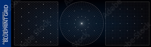 Circular compass grid for a drawing black bg, isometric pattern and square mm blueprint texture. Paper guide ruler, vector radar for maths graph. Triangle mesh, radial protractor, architectural plan
