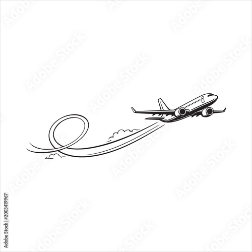 Airplane taking off in a loop with contrails line art Vector Illustration Isolated on white background