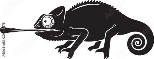 Black silhouette of a chameleon with its tongue extended isolated on a white background perfect for nature or adaptation concepts