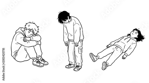 Children expressing sadness and exhaustion through thoughtful postures.