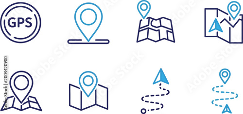 Photos Collection of line art map and gps location icons