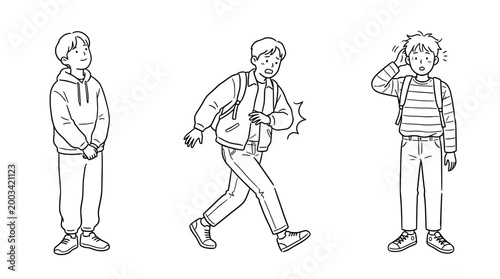 Young individuals showcasing emotions and actions on the move.