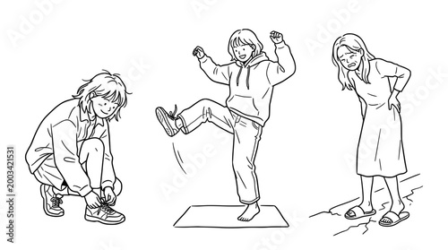 Everyday scenarios: characters in various line art expressions.