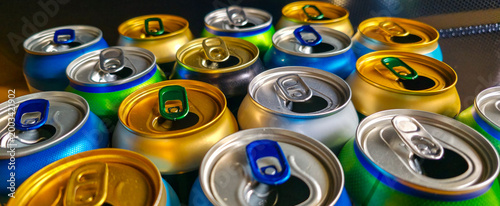 Cuadro en lienzo Colorful used metal beverage cans close-up
