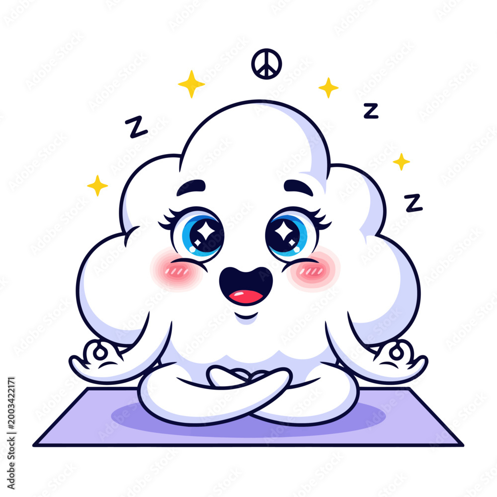 Fototapeta premium Cute cartoon cloud meditating on a yoga mat with peace symbol.