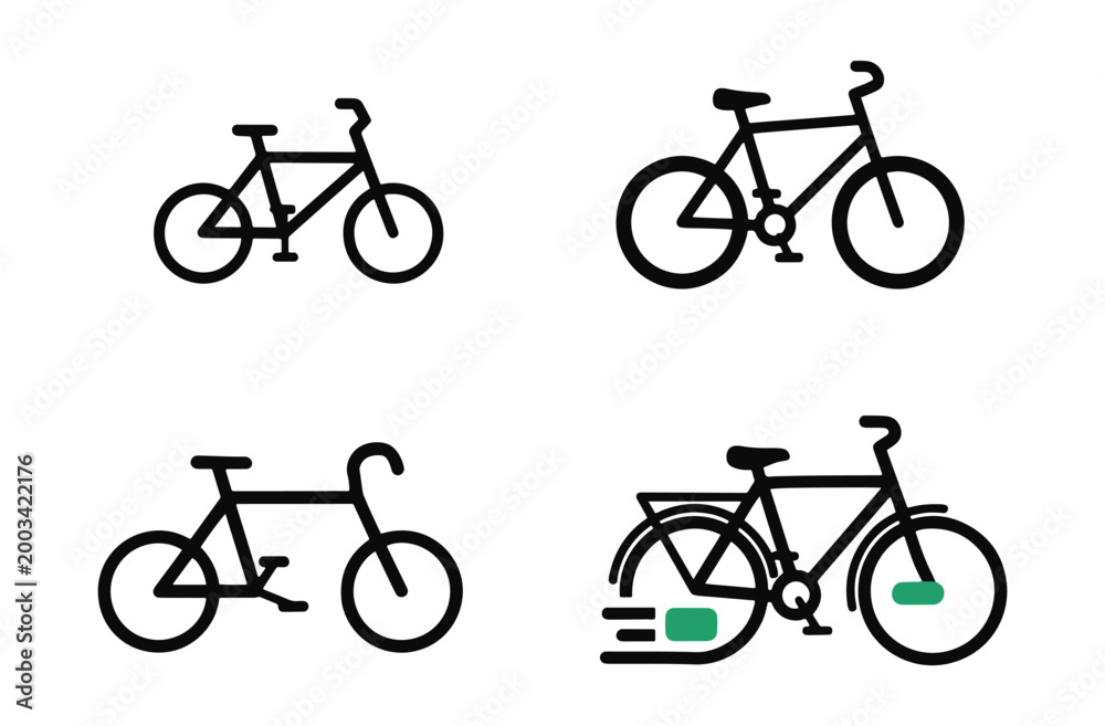 Fototapeta premium Various bicycle icons showcasing different styles line art filled silhouette and with added details perfect for sports recreation and eco-friendly themes.