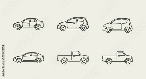 Collection of Six Different Car Silhouettes and Line Drawings.