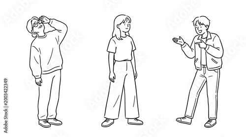 Three characters expressing different emotions in a stylish manner.