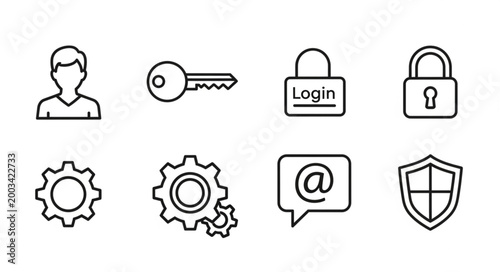 Security Icons Set User Login Padlock Gear Shield and Email Symbol.