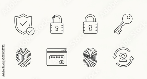 Security Icons Collection Featuring Lock Shield Key Fingerprint and Password.