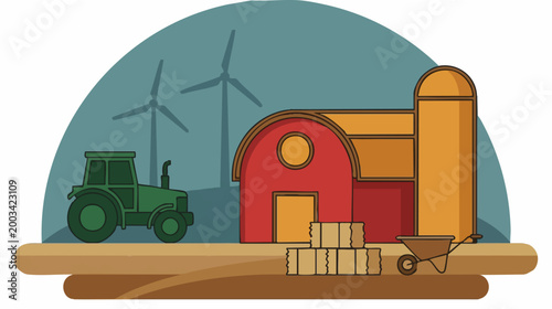 Cartoon farm scene with tractor, barn, silo, and wind turbines vector illustration