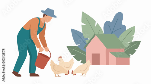 Farmer feeding chickens on a rural farm with a house and plants illustration