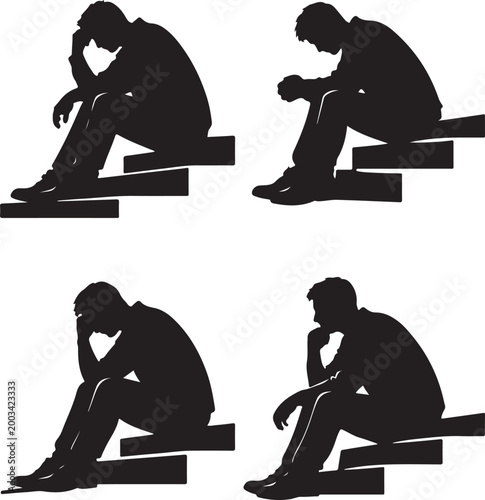  A man sits on steps reflecting a pensive mood silhouette vector