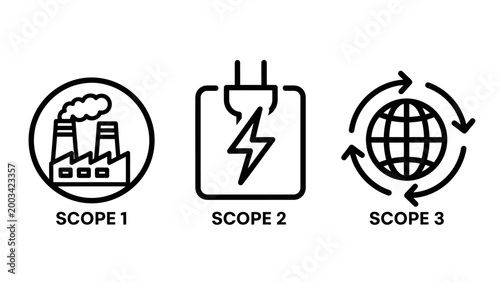 Greenhouse gas emission reporting icons for scope 1 direct emissions scope 2 energy indirect and scope 3 value chain sustainability with emissions environment footprint sustainability greenhouse