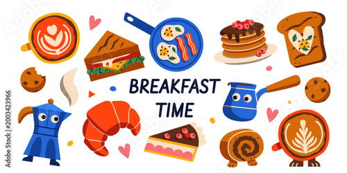 Professional Collection of Vibrant Breakfast and Coffee Icons for Culinary Branding