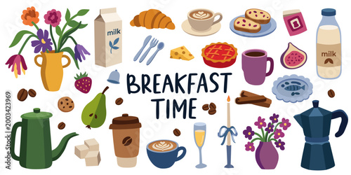 Professional Collection of Vibrant Breakfast and Coffee Icons for Culinary Branding
