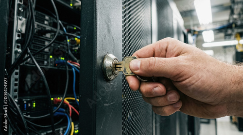 Hand turning key in server cabinet lock, data center security, technology protection, network safety, secure access, close up