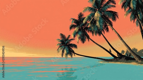 Tropical Beach Sunset Poster with Palm Trees and Open Sky