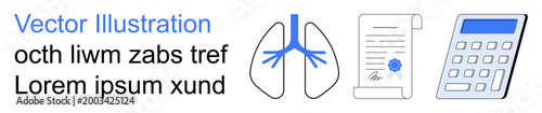 Healthcare analysis, academic certification, medical studies, financial calculations, document verification, legal formalities. Lungs, document with a seal and calculator icons. Medical analysis
