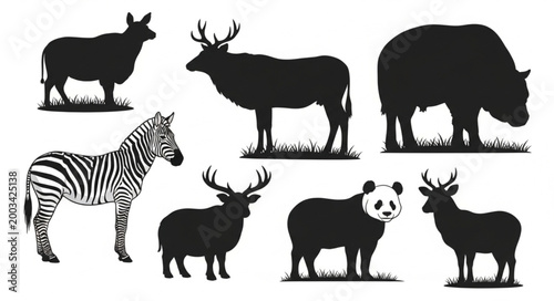 Collection of Diverse Animal Silhouettes and Zebra Illustration.