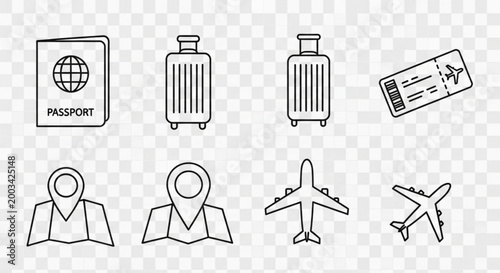 Travel icons including passport, luggage, airplane, and ticket