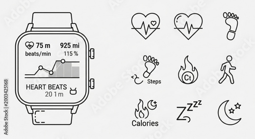 Black and white smartwatch icons for fitness and health tracking on a gray background
