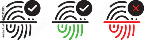Fingerprint scanning status icon set. Fingerprint scan vector illustration. ID check access granted or rejected sign. Thumb print verification status. Finger imprint signature symbol. 