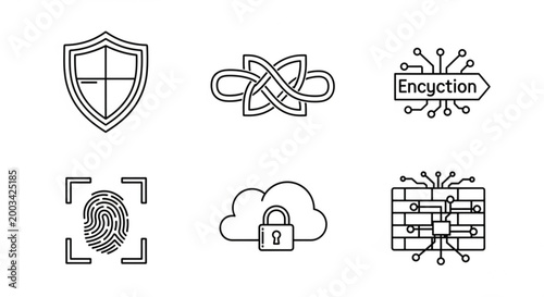 Black and white line art icons for cybersecurity and data protection