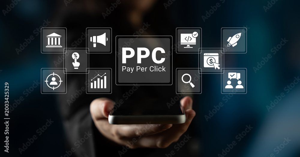 Fototapeta premium A businessperson presents a smartphone showcasing a Pay Per Click concept, surrounded by various digital marketing icons, highlighting modern strategy and technology. Ledger