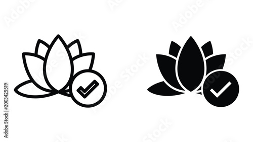 Black and white lotus flower icon with checkmark approval symbol