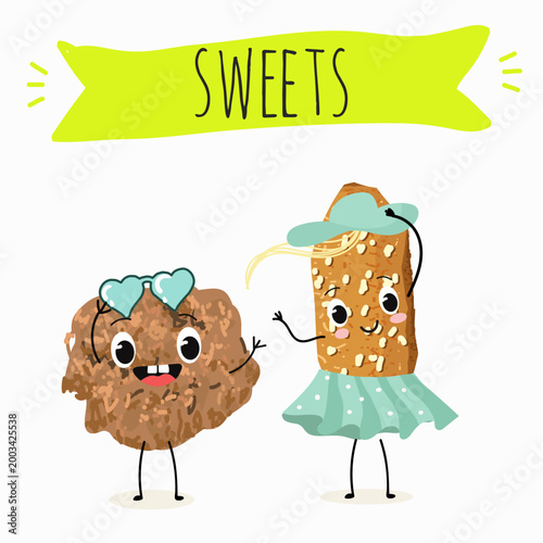 Funny Characters brutti ma buoni, biscotti regina, italy dessert, hand drawn vector illustration.