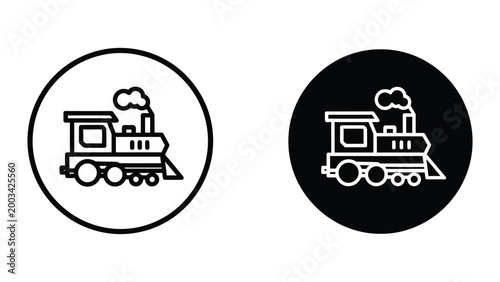 White steam locomotive vector icon on black circle background