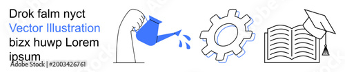 Education, innovation, growth, process development, teamwork, learning. Hand with watering can, gear and book. Growth and education through nurturing and knowledge concepts
