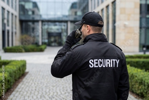 Professional Security Guard Patrolling Modern Corporate Building Plaza