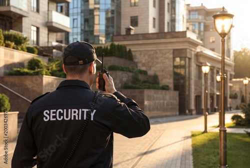 Security Officer on Duty During Golden Hour at Luxury Residence