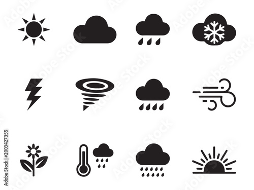 Seasonal weather and climate icon set with sun, rain, snow, and wind symbols